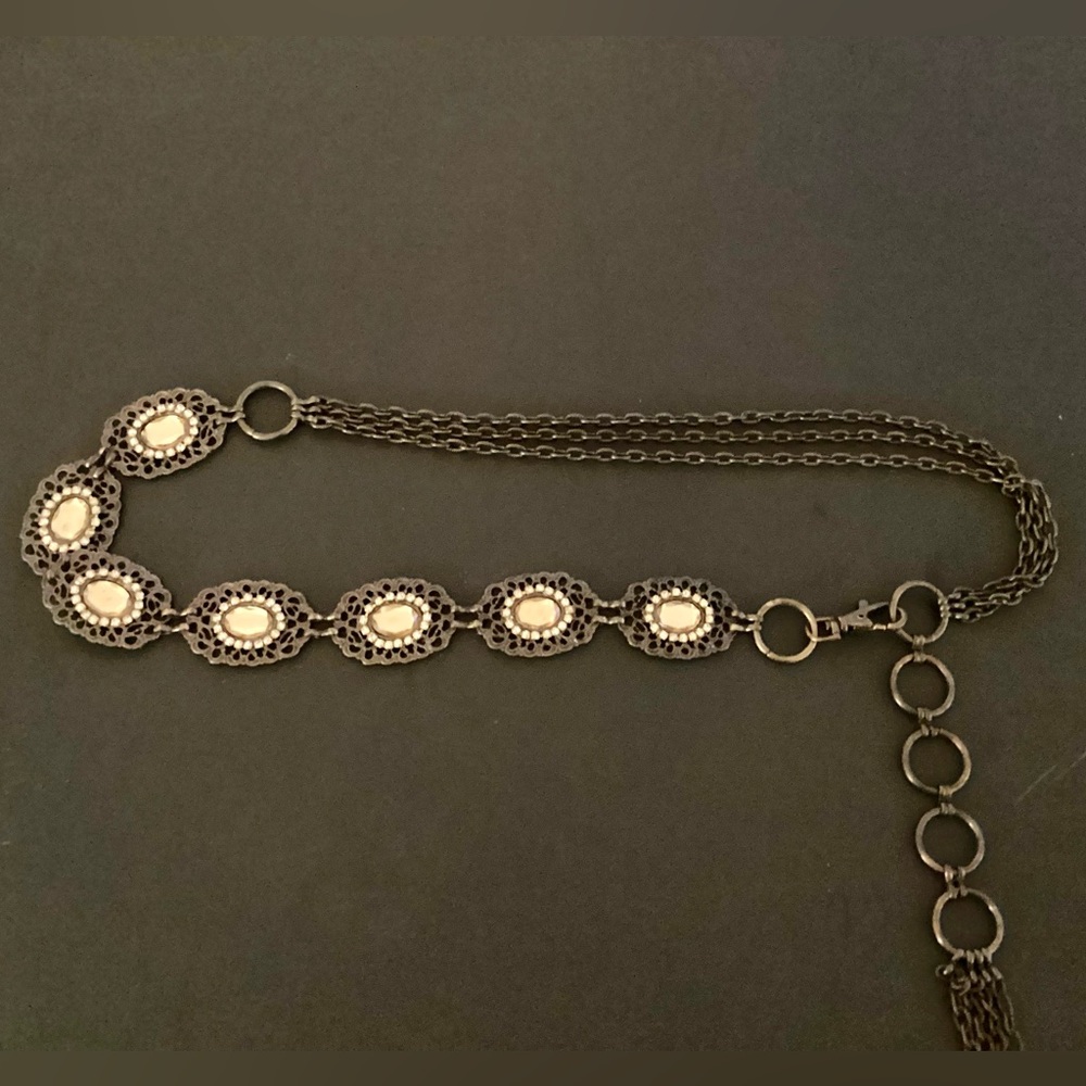 Nine West metal chain belt with Golden Topaz crystal embellishment.